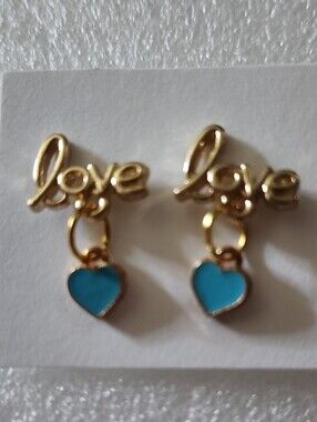 Hand Crafted Gold-tone 'Love' Drop Earrings with Turquoise Heart Charms
